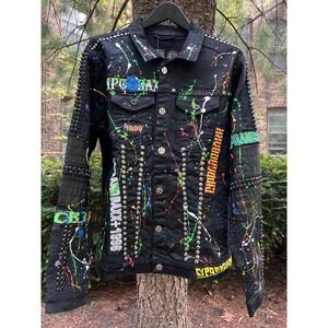 CIPO & BAXX BULDOG Black Studded Denim Biker Jacket Punk Paint Splatter XL NWT